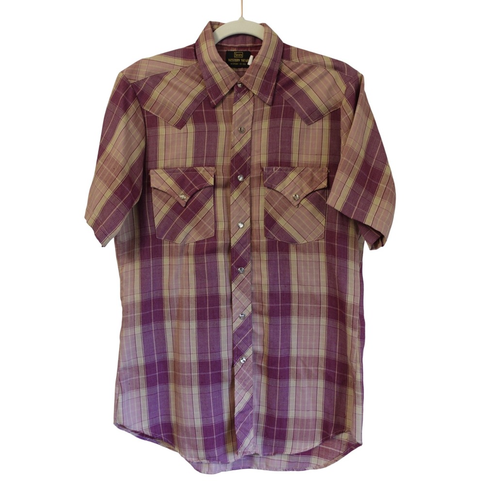 Vintage 70s Sears Western Wear Mens Purple Plaid Short Sleeve Pearl Snap Shirt M